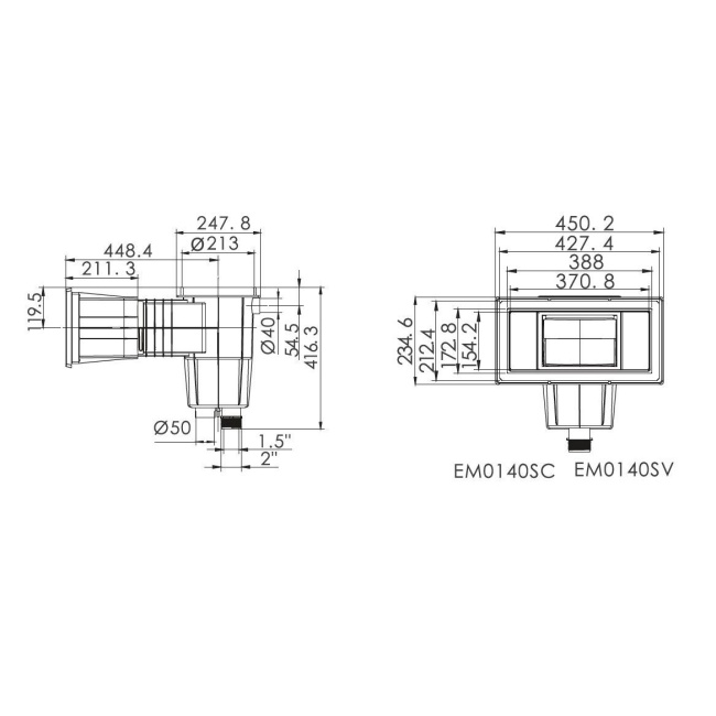 Скиммер EM0140-SV Wide лайнер, квадратная крышка, 1,5"/2", латунные вставки (88152712)
